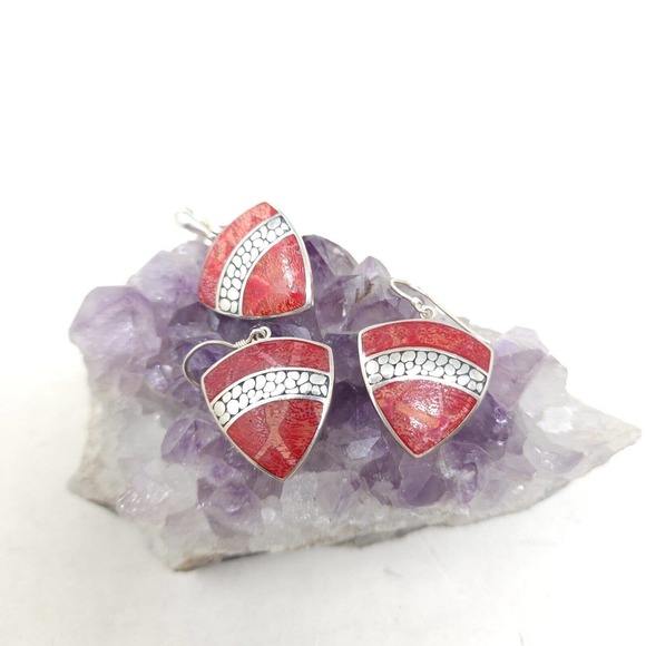 Sponge Coral Earrings Pendant Set Red Natural Marked 925 Sterling Silver 16g - Picture 7 of 7